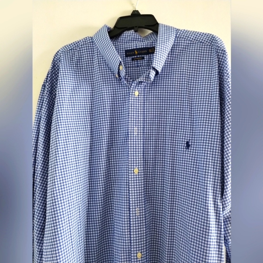 Men's Blue and White Checkered Polo Long Sleeved Shirt